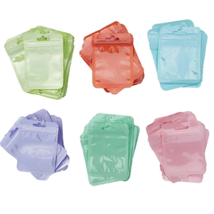 Colorful translucent macaron resealable bags with hang holes in a six-color assortment