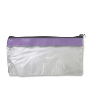 Detail of transparent frosted PVC pencil case with purple trim and grey zipper closure
