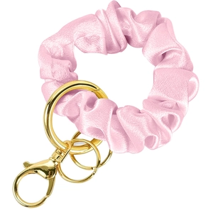 Detail of light pink pleated satin scrunchie keychain with gold plated hardware rings
