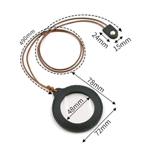 Detailed size chart for neck-mounted magnifier with 490mm strap and 72mm leather case