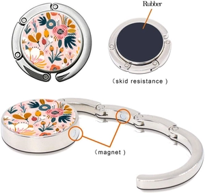 Detail eines faltbaren Taschenhalters mit Blumenmuster, Antirutschgummi und Magnetverschluss