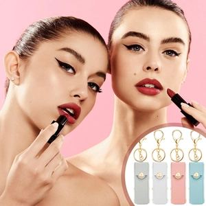 Detail of four pastel PU leather lipstick holders with gold keychains and snap buttons