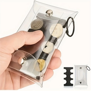 Macro view of clear PVC coin organizer with black slotted sorter and metal snap button