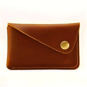 Brown handmade crazy horse leather card holder with snap closure and vintage style