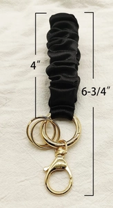 Detailed dimensions of black satin wristlet keychain with gold lobster clasp and ring