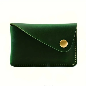 Handmade dark green crazy horse leather card holder with gold snap button and yellow stitching