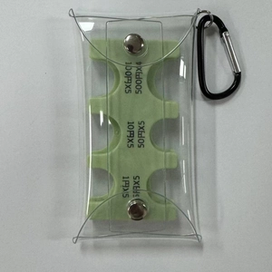 Detail view of portable Japanese coin organizer with PVC pouch and metal carabiner clip