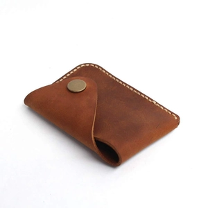 Handmade brown crazy horse leather card holder wallet with bronze snap button closure
