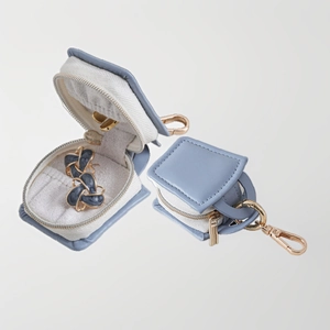 Mini sky blue PU leather jewelry travel case with gold keychain for rings and earrings