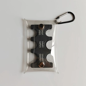 Macro detail of portable Japanese coin organizer with PVC cover and metal carabiner