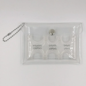 Macro view of clear PVC coin pouch with a white plastic organizer for Japanese coins