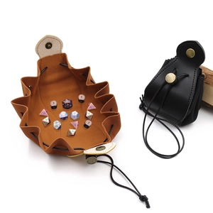Dual-use brown leather dice tray and storage bag with drawstring and metal snaps