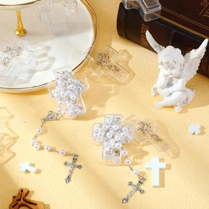 Religious rosary with white pearls and cross pendant in floral clear gift box set
