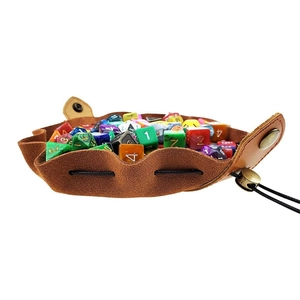 Brown leather dice bag and foldable tray with colorful polyhedral dice and drawstrings