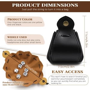Black leather dice bag with brown interior and drawstring closure for tabletop games