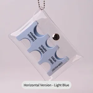 Detailed view of light blue Japanese coin organizer case with transparent PVC cover