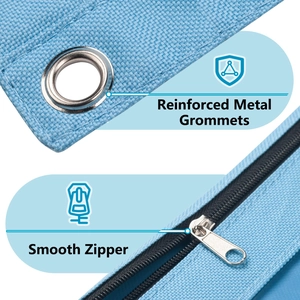 Blue binder pencil pouch with reinforced metal grommets and smooth zipper for 3-ring binder