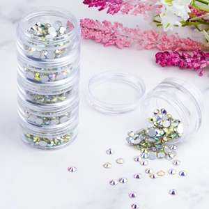 Macro shot of 6-tier stackable clear jewelry boxes with iridescent AB flatback rhinestones