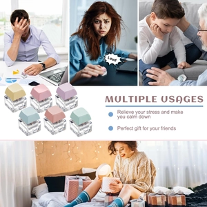 Mechanical keyboard fidget toy set showing 6 macaron colors and various usage scenarios