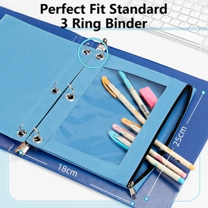 Blue 3-ring binder pouch with clear window for school supplies, 18x25cm size