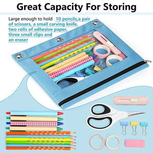 Detail view of blue 3-ring binder pencil pouch showing high capacity for school stationery