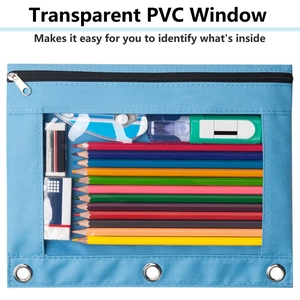 Detailed view of a blue 3-ring pencil pouch with transparent PVC window and zipper