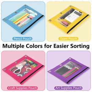 Detailed view of colorful 3-ring binder zipper pouches with clear PVC window and metal eyelets