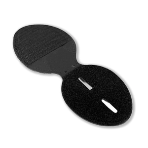 Black leather police badge holder with oval design and velcro for secure attachment