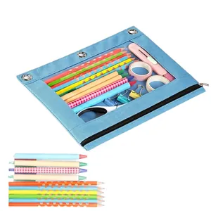 Blue 3-ring binder zipper pouch with transparent PVC window for office supplies storage