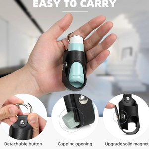 Portable black leather inhaler case with metal carabiner and magnetic closure for easy carry