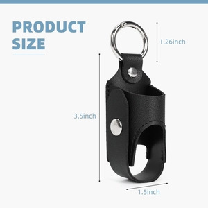 Dimensions of black leather inhaler case with silver ring and snap button details
