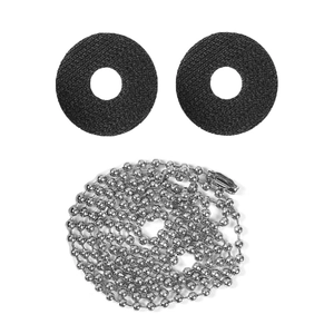 Detail view of black textured rubber silencers and silver beaded chain accessory