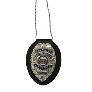 Leather Security Badge Holder with eagle emblem and silver ball chain on white background