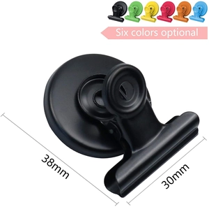 Detailed view of 38mm metal magnetic clip showing precise dimensions and six colors