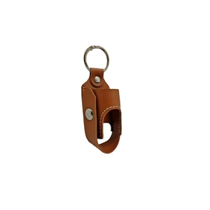Detailed view of brown leather inhaler pouch with silver metal ring and snap button
