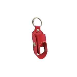 Detail of red leather inhaler holster with silver metal ring and snap button closure