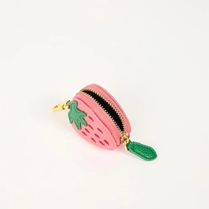 Pink strawberry shaped PU leather coin purse with green leaf detail and golden zipper