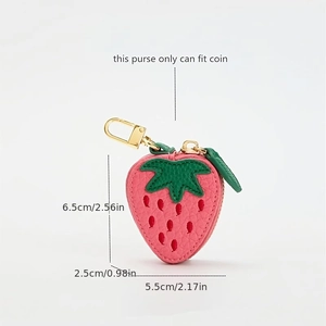 Pink strawberry PU leather coin purse with green leaf detail and golden metal hardware