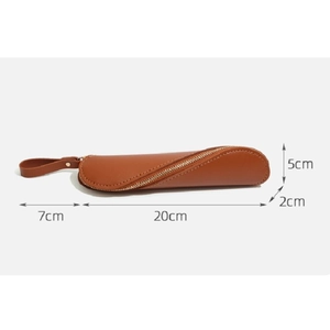 Brown PU leather pencil case with diagonal zipper and wrist strap, dimensions 20x5x2cm