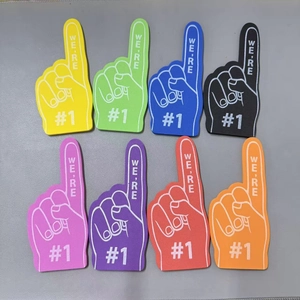 Close-up of 8 colorful EVA foam fingers with WE ARE NUMBER 1 printing for sports cheering