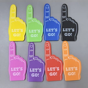 Detailed view of eight colorful mini EVA foam fingers with white Let's Go! printing