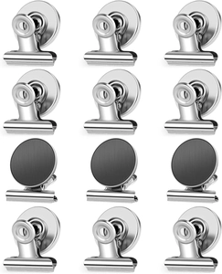 Set of 12 stainless steel magnetic clips for fridge and office organization shown in a grid