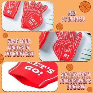 Set of 24 red EVA foam fingers with Let's Go printing for sports events and cheering