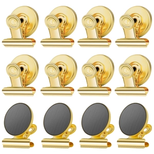 Detailed set of 12 gold magnetic binder clips showing both mirror finish and round magnet base