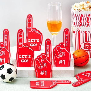 Red EVA foam fingers set for sports cheering with Let's Go and #1 slogans on display
