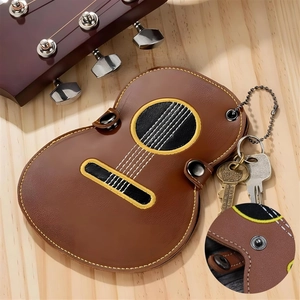 Guitar shaped leather pick holder bag with embroidery and metal snap closure