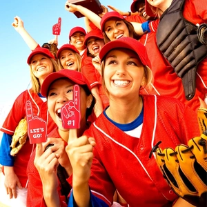 Cheering fans wearing red baseball jerseys and EVA foam fingers against a blue sky