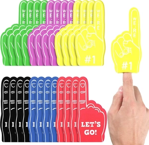 Close-up of colorful EVA foam fingers showing 'WE'RE #1' print and finger slot details