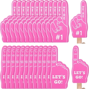 Pink foam fingers in bulk featuring WE'RE #1 and LET'S GO graphics for sports cheering
