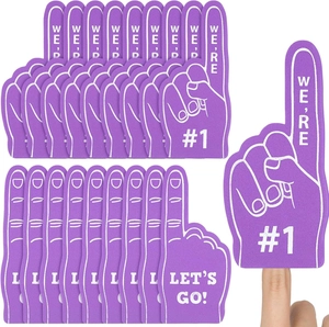Close-up of purple foam finger with WE'RE #1 text for sports cheering and team spirit